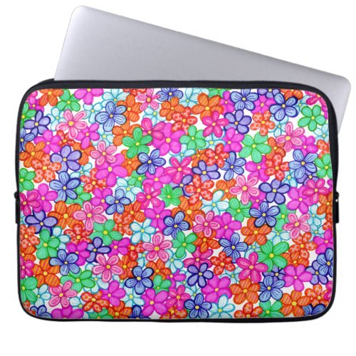 Multicolored Flowers Floral Illustration Pattern L Laptop Sleeve