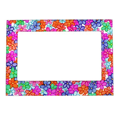 Multicolored Flowers Floral Illustration Pattern Magnetic Frame