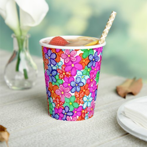 Multicolored Flowers Floral Illustration Pattern Paper Cups