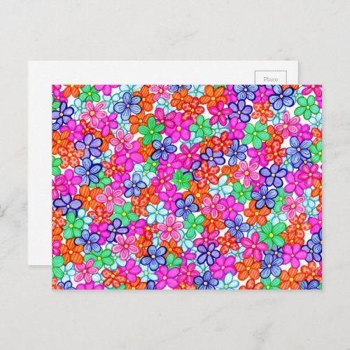 Multicolored Flowers Floral Illustration Pattern Postcard