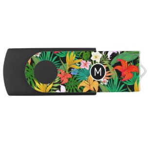 Multicolored Flowers & Palm Leaves on Black Flash Drive