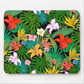 Multicolored Flowers & Palm Leaves on Black