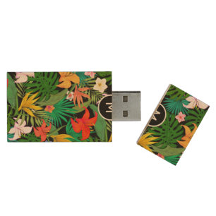 Multicolored Flowers & Palm Leaves on Black Wood Flash Drive