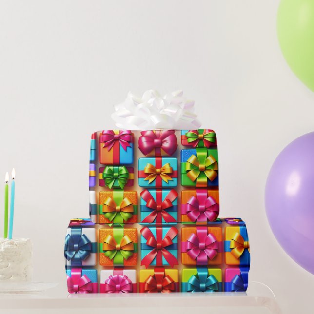 Multicolored Gift Boxes & Bows Bday Wrapping Paper (Party Gifts)