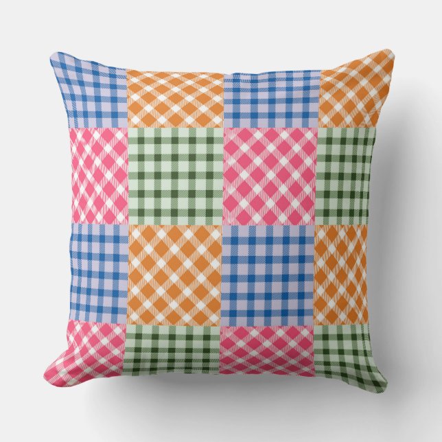 Multicolored Gingham Patchwork Pattern Throw Pillow (Front)