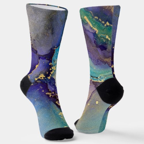 Multicolored Gold Alcohol Ink Liquid Abstract Art Socks
