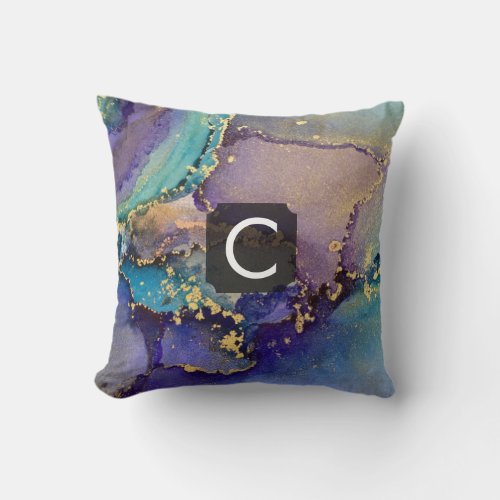 Multicolored Gold Alcohol Ink Liquid Art Monogram Throw Pillow