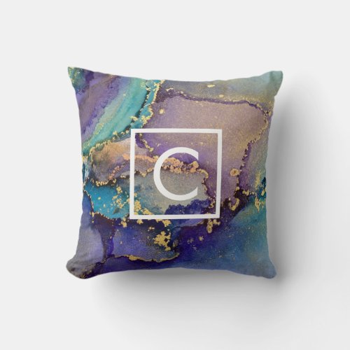 Multicolored Gold Alcohol Ink Liquid Art Monogram Throw Pillow