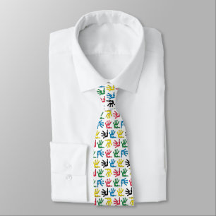 Multicolored handprints pattern neck tie