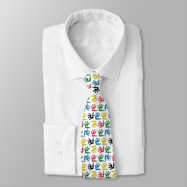 Multicolored handprints pattern neck tie (Tied)