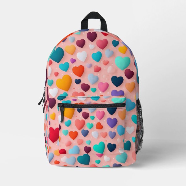 Multicolored heart pattern printed backpack (Front)