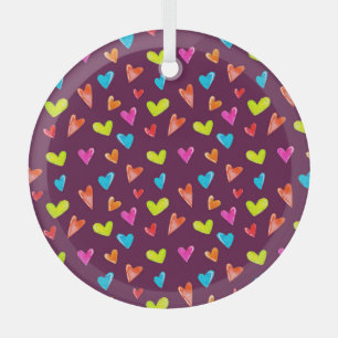 Multicolored Hearts: Watercolor Purple Pattern. Glass Ornament