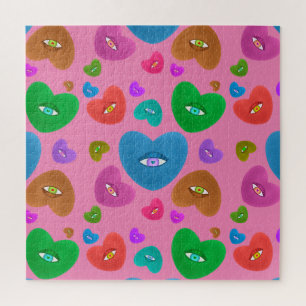 Multicolored Hearts with eyeball Love Valentines Jigsaw Puzzle