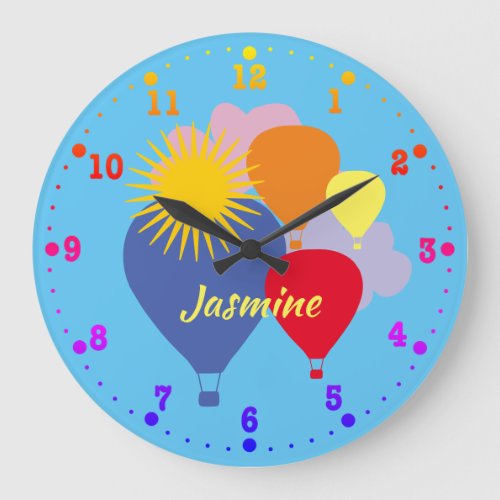 Multicolored Hot Air Balloons on Blue with Name Large Clock