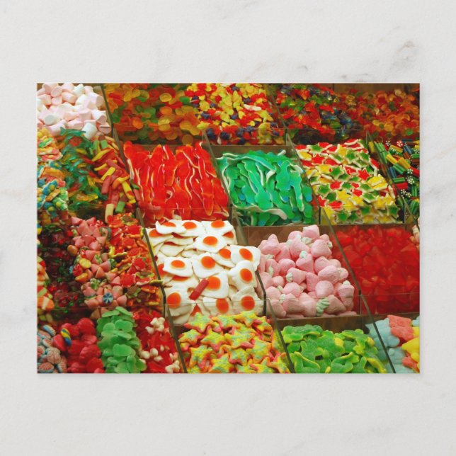 Multicolored-jellies-on-shelfs COLORFUL GUMMY CAND Postcard (Front)