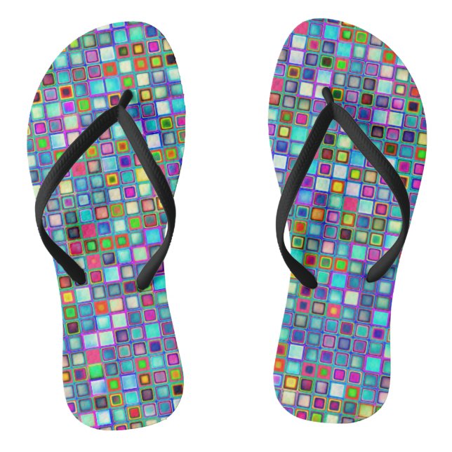 Multicolored 'Kindergarten' Retro Tiles Pattern Flip Flops (Footbed)