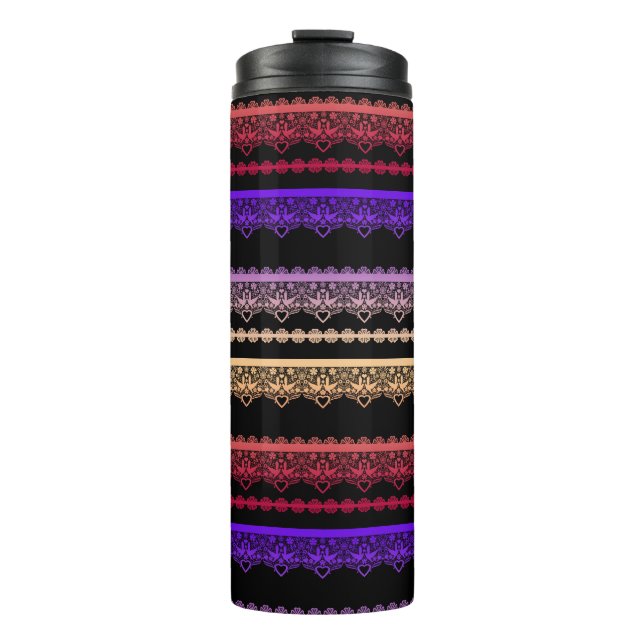 Multicolored lace on black thermal tumbler (Front)
