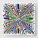 [ Thumbnail: Multicolored Line Burst Pattern Square Clock ]