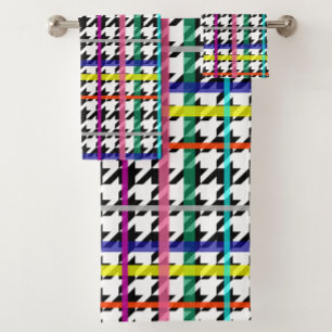 Multicolored Lines On Plaid Houndstooth Design Bath Towel Set