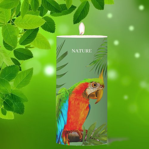 Multicolored Macaw Bird  Palm Leaves Pillar Candle