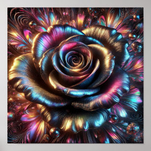 Multicolored Metallic Rose with Vibrant Flourishes Poster