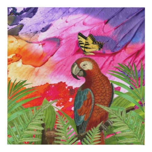 Multicolored Modern Art Parrot and Butterfly   Faux Canvas Print