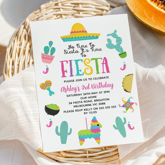 Multicolored Modern Girls Fiesta Birthday Invitation (Girls Fiesta Birthday Invitation, Birthday Fiesta Invite, Fiesta Birthday Party Invitation Editable)