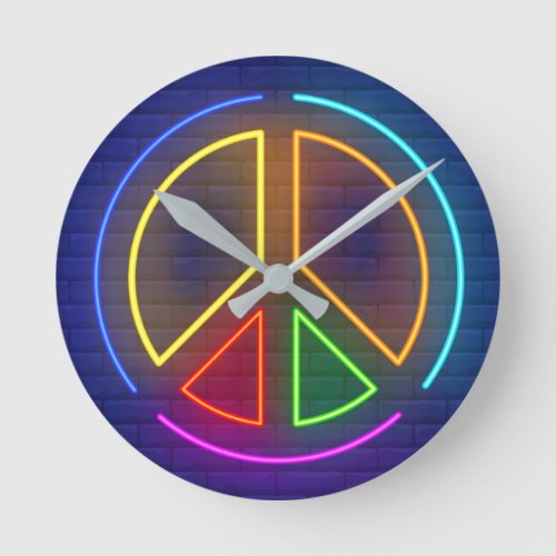 Multicolored neon peace sign symbol round clock