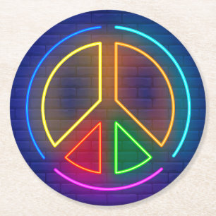 Multicolored neon peace sign symbol round paper coaster