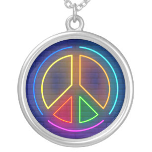 Multicolored neon peace sign symbol silver plated necklace