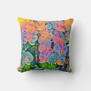 Multicolored orchid flowers watercolor painting throw pillow