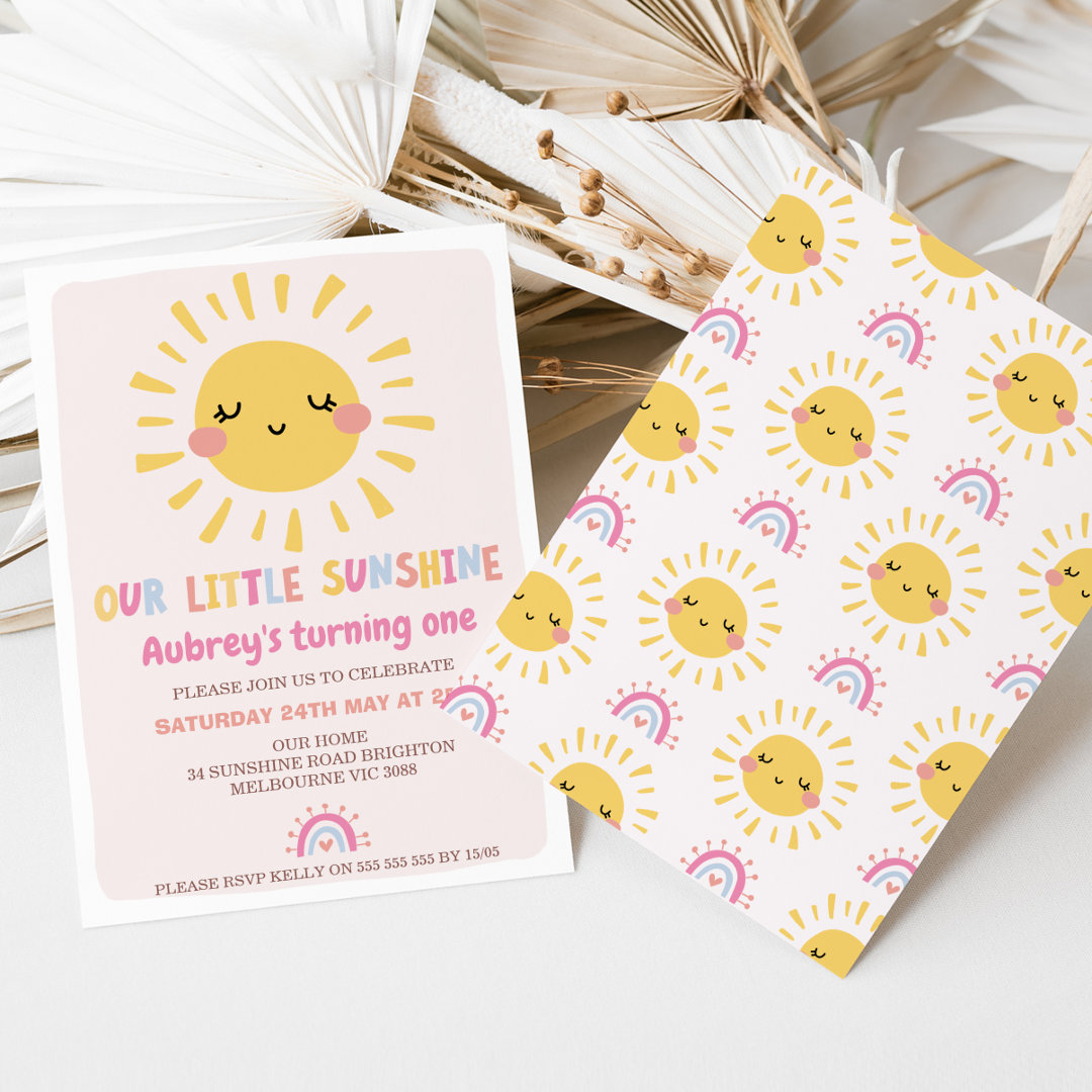 Multicolored Our Little Sunshine 1st Birthday                    Invitation