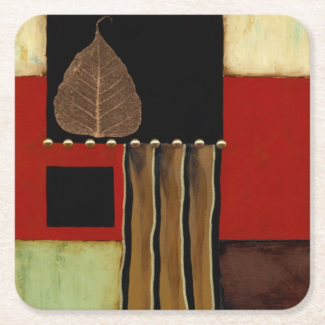 Multicolored Panel Painting with Brown Leaf Square Paper Coaster (Front)