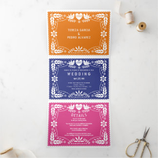Multicolored papel picado love birds wedding Tri-Fold invitation