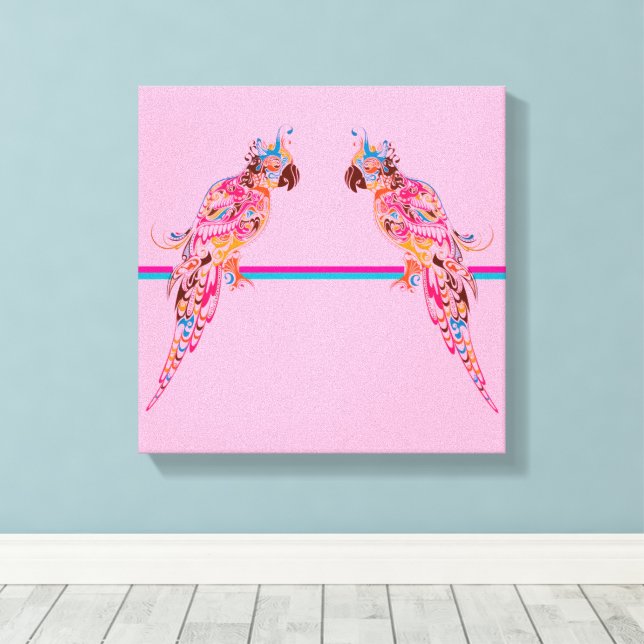 Multicolored Parrots on Pink Canvas Print  (Insitu(Wood Floor))