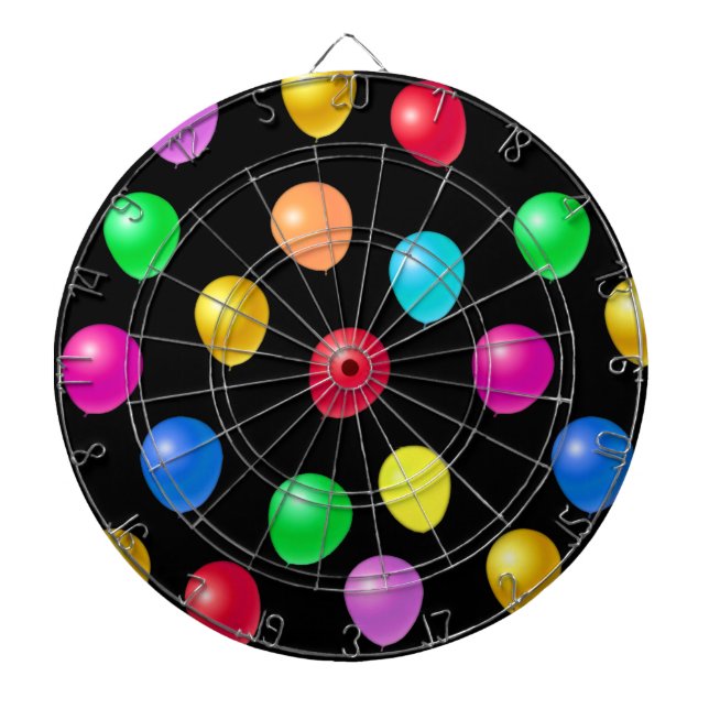 Multicolored Party Balloons on Black Dart Board (Front)