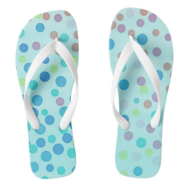 Multicolored pastel dots on blue flip flops (Footbed)