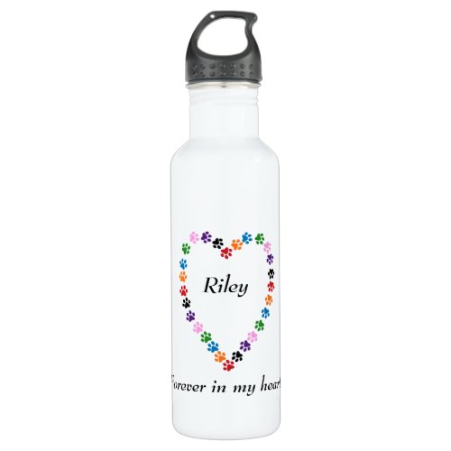 Multicolored Paw Print Heart Dog Memorial  Stainless Steel Water Bottle