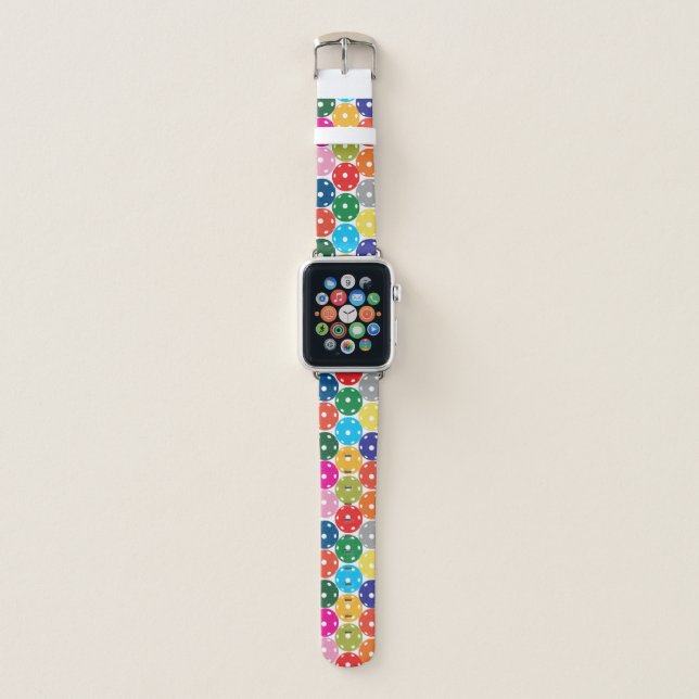 Multicolored Pickleballs on white background Apple Watch Band (Front)