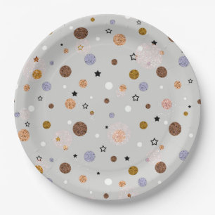 Multicolored polka dots on gray. paper plates