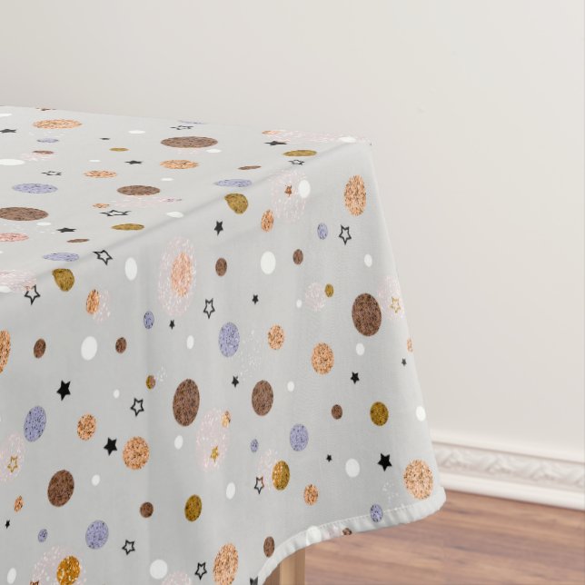 Multicolored polka dots on gray.  tablecloth (In Situ)