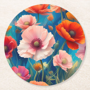 Multicolored Poppy Flowers Garden-47569 Round Paper Coaster