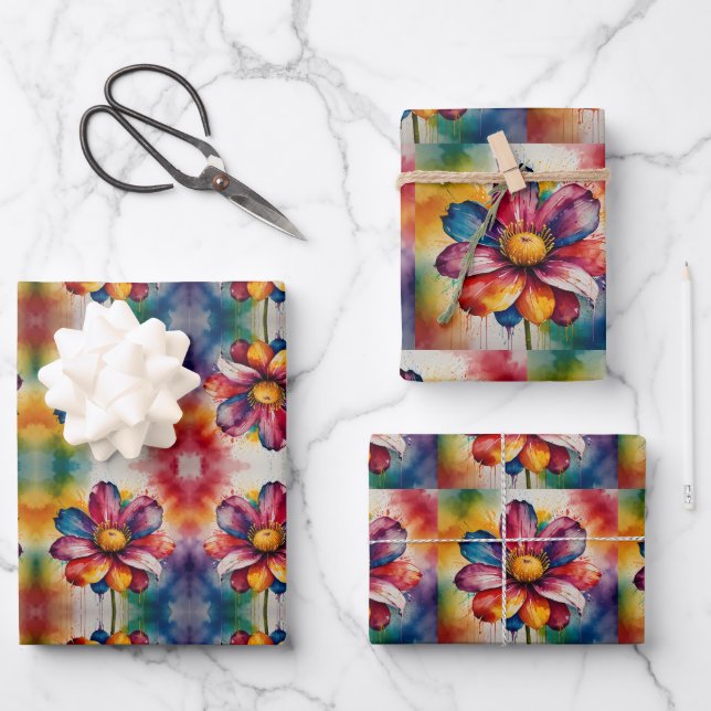 Multicolored Rainbow Flower  Wrapping Paper Sheets (Front)
