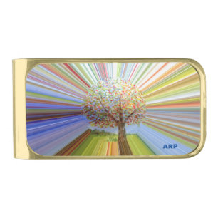 Multicolored Rainbow Striped Tree Initialled Gold Finish Money Clip