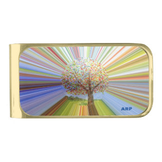 Multicolored Rainbow Striped Tree Initialled Gold Finish Money Clip