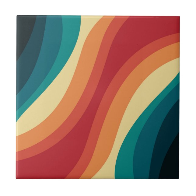 Multicolored retro style waves design ceramic tile (Front)