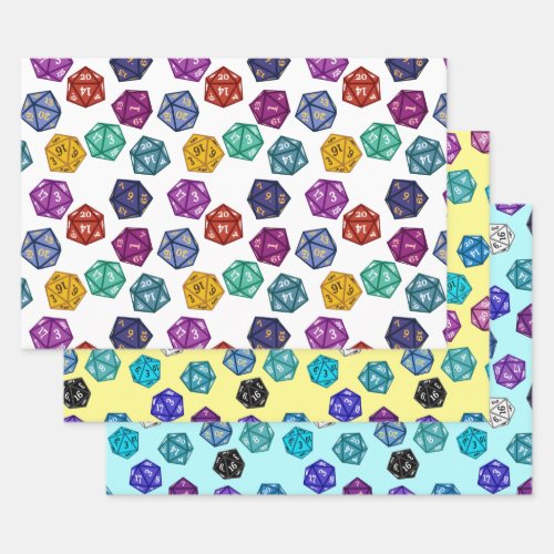 Multicolored RPG D20 Dice Wrapping Paper Sheets