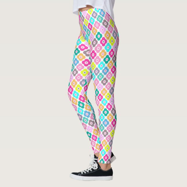 Multicolored rustic flower pattern on white  leggings (Left)
