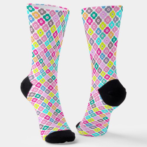 Multicolored rustic flower pattern on white  socks