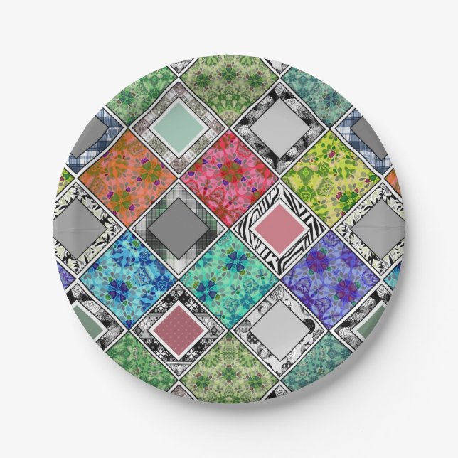 Multicolored , rustic , patchwork , patches   paper plates (Front)